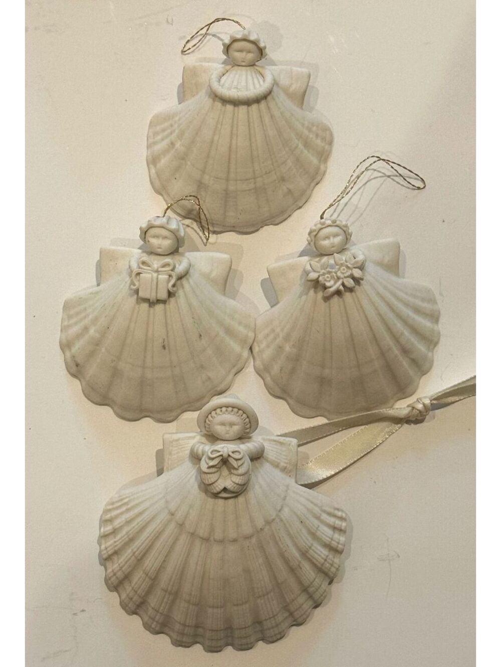 Margaret Furlong Shell Angel Ornaments Lot of 4 Bisque Porcelain 1984-1998